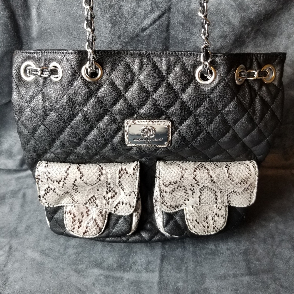 Original by SHARIF Designer Leather Black Snakeskin Pattern Quilted 3Way Purse